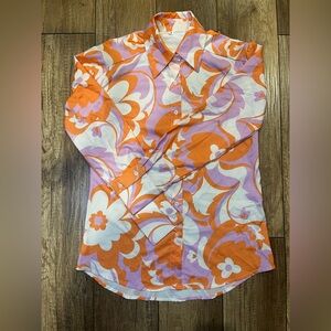 Floral Orange and Purple Button-Up Long Sleeve Top